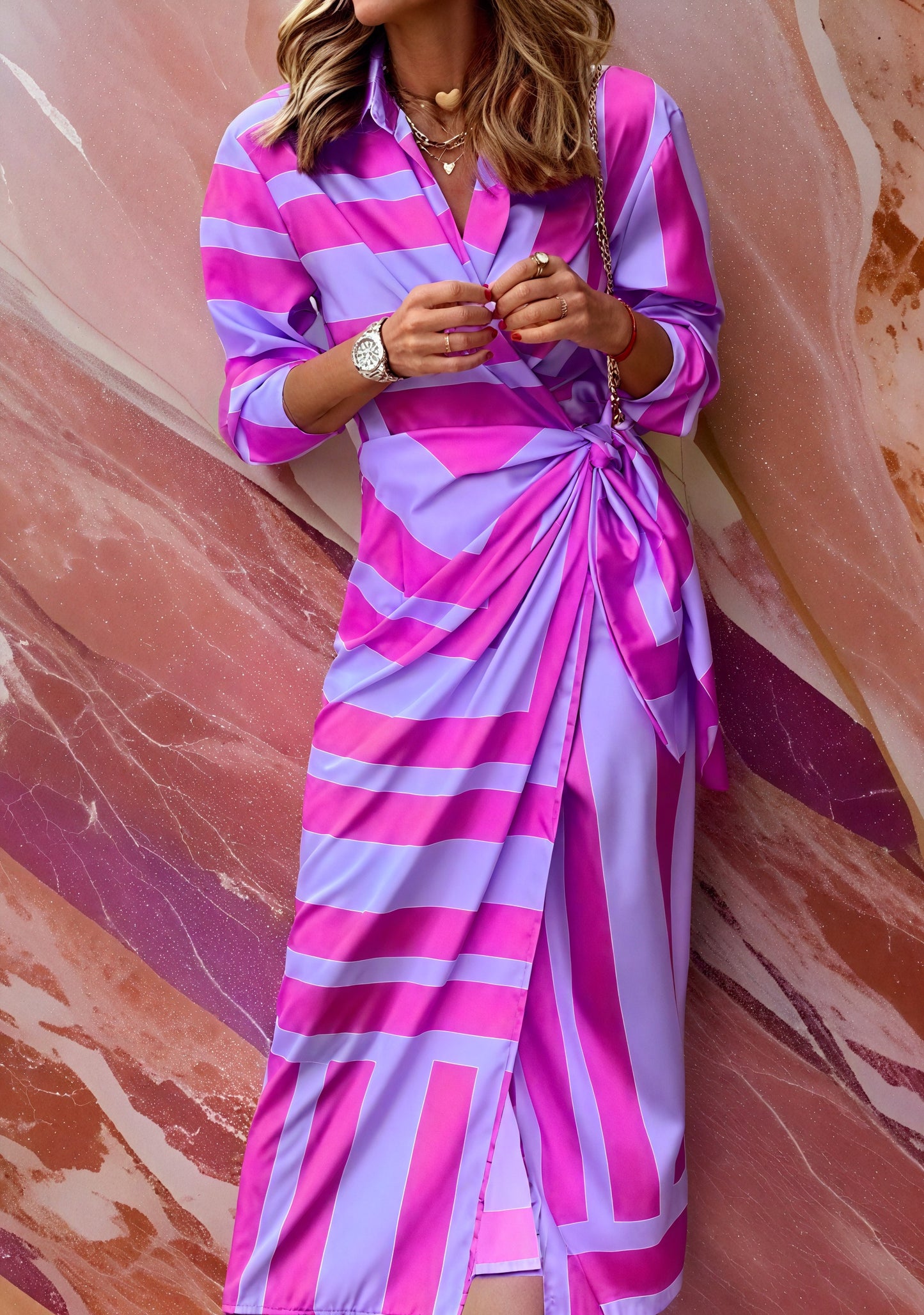 Damen Wickelkleid – Gestreift, Langarm, Fließender Schnitt-83361-daf42107-c244-47f8-9553-09bd93602385