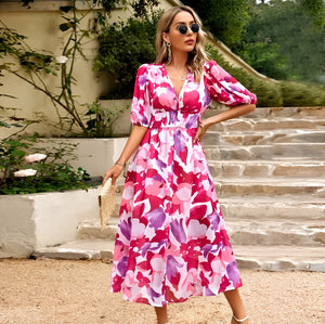 Damen Blumen Midi Kleid – V-Ausschnitt, Kurzarm, Fließend-83546-0f41be4b-c23f-4f33-b9fb-14ea1db43e1a