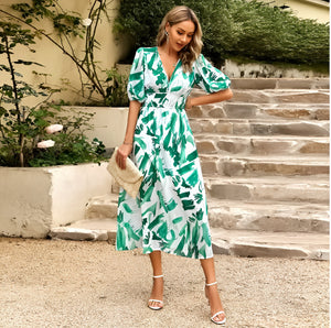 Damen Blumen Midi Kleid – V-Ausschnitt, Kurzarm, Fließend-83546-3a96839c-7b4c-4677-8776-64138cf25c93
