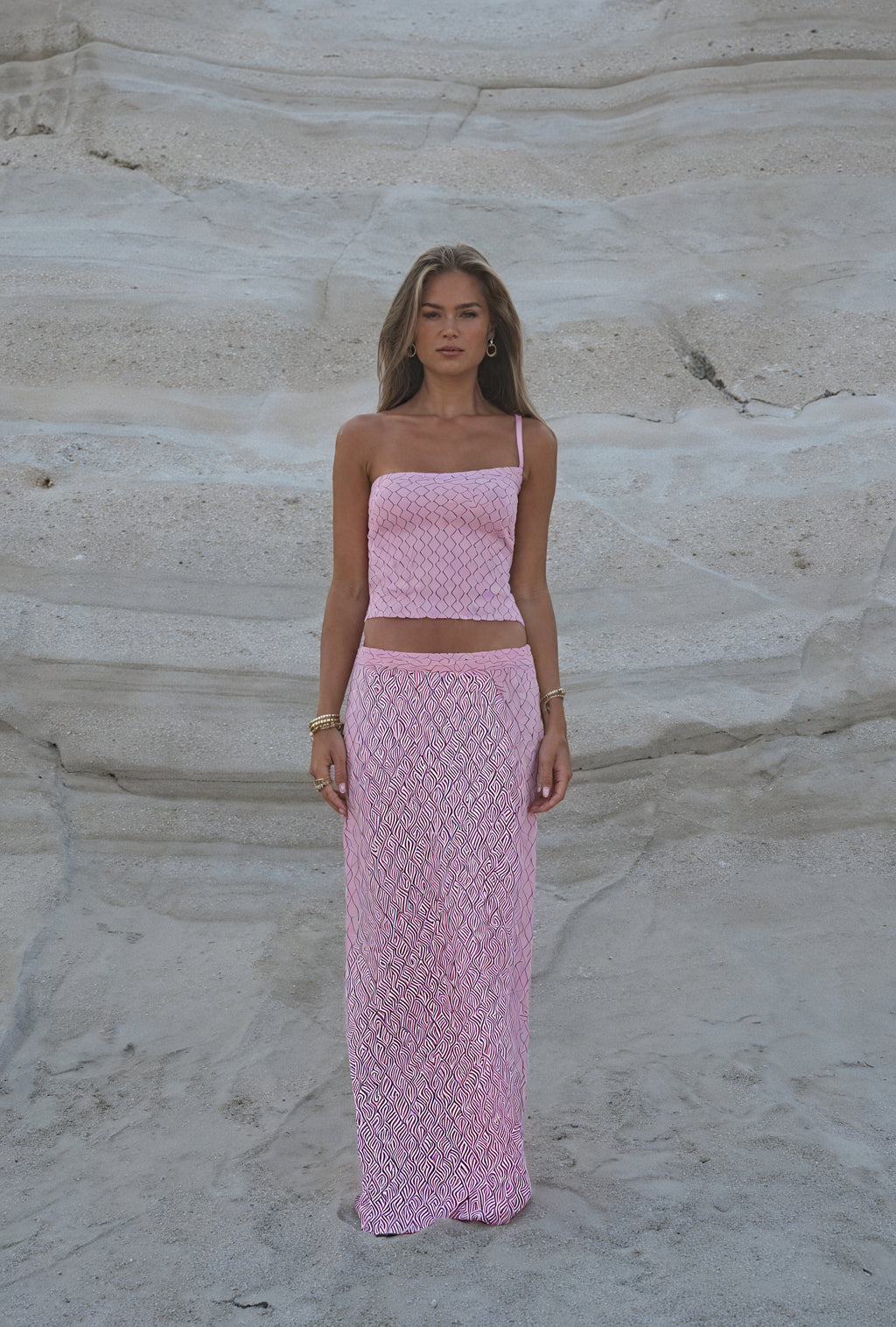 Damen Zweiteiler-Set – Pink Weiß Gestreift, Trägerloses Top, Fließender Maxi-Rock-83557-a41aaa35-27a8-45f6-b36c-a6630ee02adf