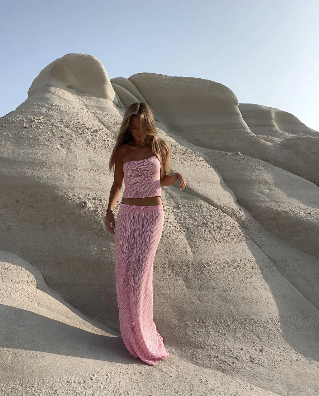 Damen Zweiteiler-Set – Pink Weiß Gestreift, Trägerloses Top, Fließender Maxi-Rock-83557-6701d4cd-f6c0-41b0-9071-c307e8a43e88