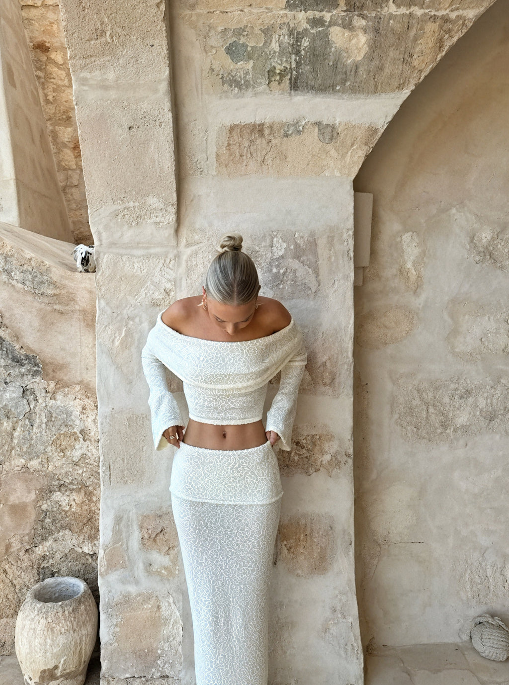 Damen Off-Shoulder Rock-Set – Strukturiert, Lange Ärmel, Elegant-83558-0602abff-7e3c-42e7-aae0-89d21cd59040