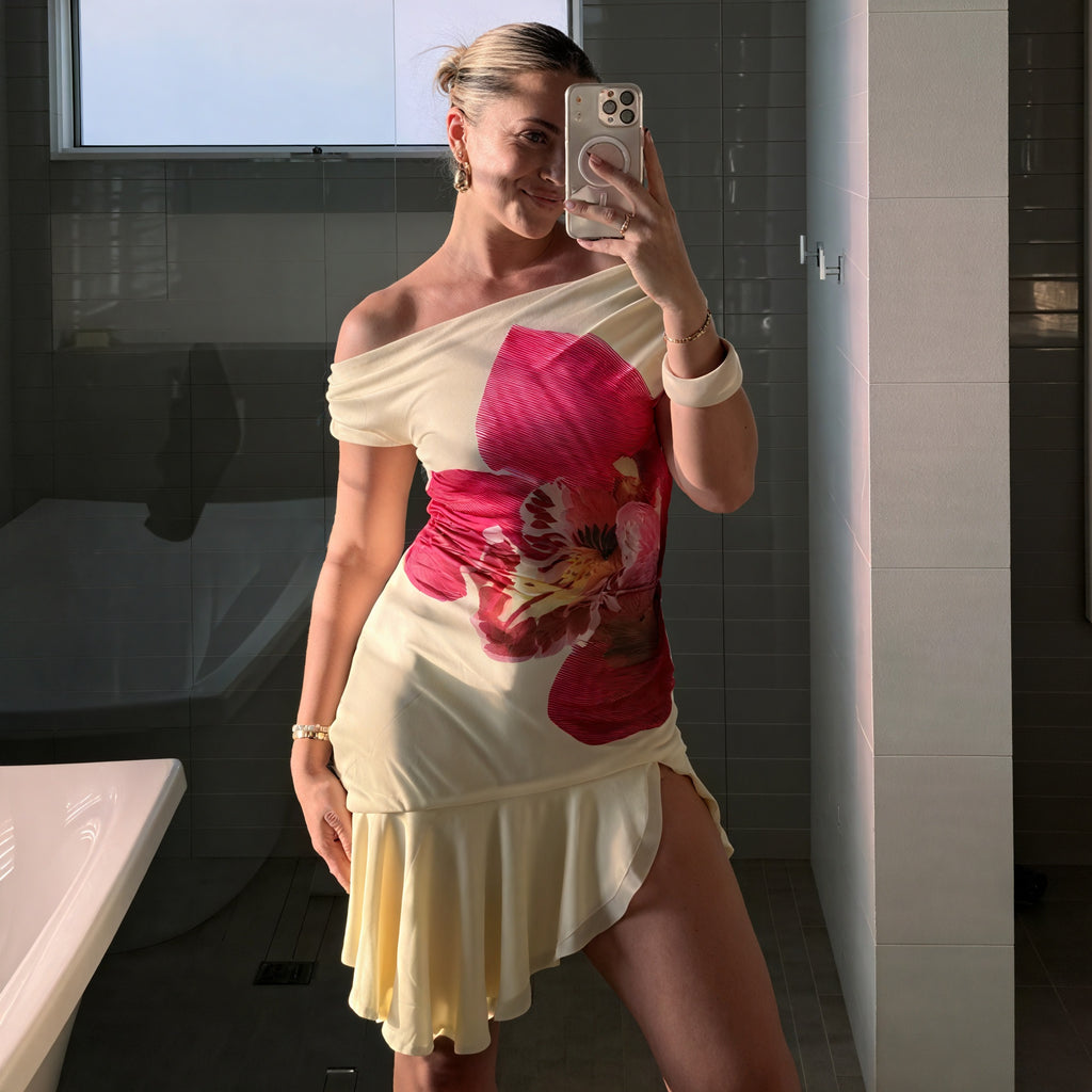 Damen Mini-Kleid – Asymmetrischer Ausschnitt, Blumenprint-83568-a8203c27-f08f-42ea-9d72-116faa918734