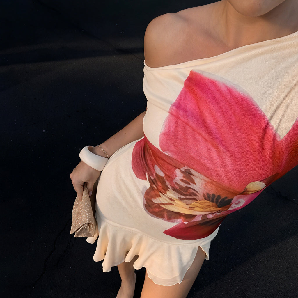 Damen Mini-Kleid – Asymmetrischer Ausschnitt, Blumenprint-83568-80d9cfc2-2ff1-45d9-936a-b23b97d470dd