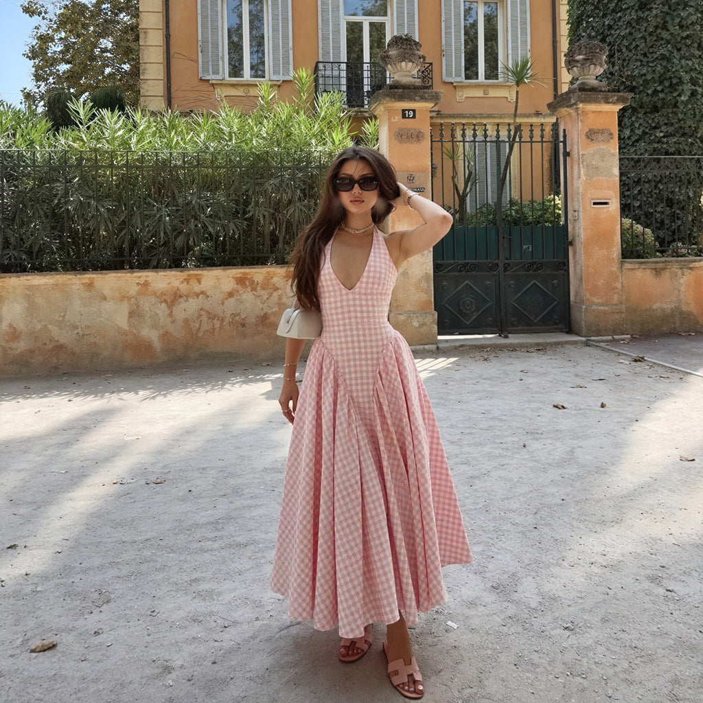 Damen Kleid – Rosa Weiß Gingham V-Ausschnitt Plisseekleid-83586-20403f6a-230a-4bc0-85ca-29941f02a043