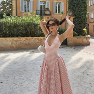 Damen Kleid – Rosa Weiß Gingham V-Ausschnitt Plisseekleid-83586-2168bd63-ccfb-4ac0-9fa1-05eb42024866