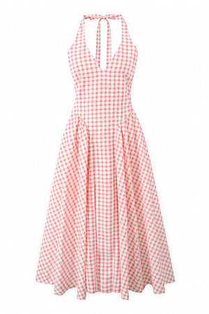 Damen Kleid – Rosa Weiß Gingham V-Ausschnitt Plisseekleid-83586-ad8c3dd0-79c9-4185-82c2-589b41987e80