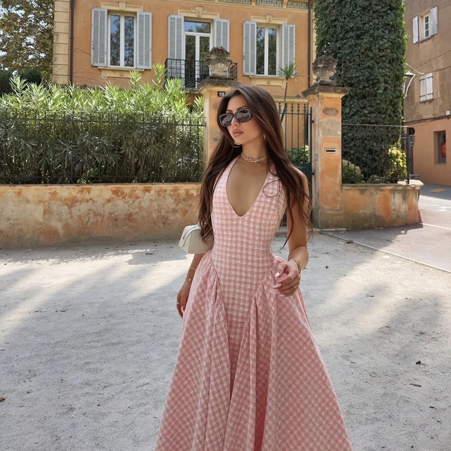 Damen Kleid – Rosa Weiß Gingham V-Ausschnitt Plisseekleid-83586-14ee1f0a-e257-4f17-95a0-88813271f76c