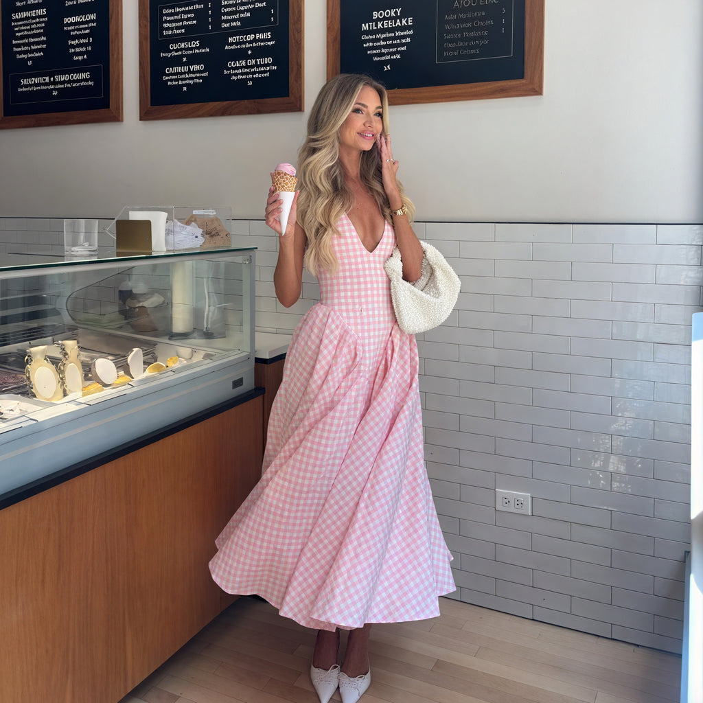 Damen Kleid – Rosa Weiß Gingham V-Ausschnitt Plisseekleid-83586-323438b6-2cee-4b0f-9d9f-8737f9b67f35