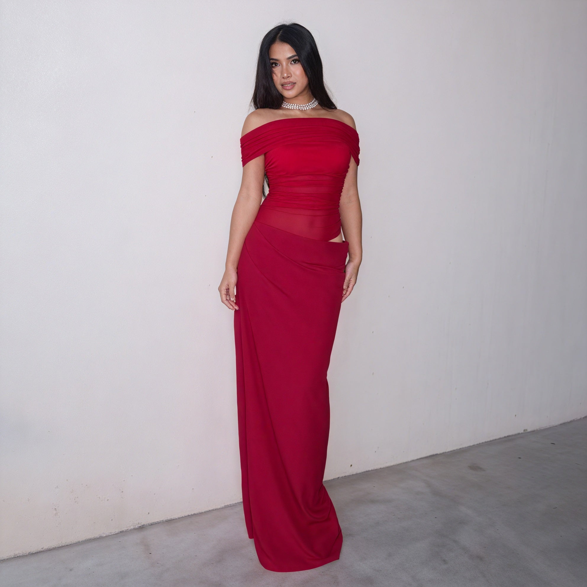 Damen Maxikleid – Schulterfrei, Taillenausschnitt, Bodenlang, Fließender Stoff-83596-2ecf24a1-0e15-457c-a1f1-ff95a69d095e