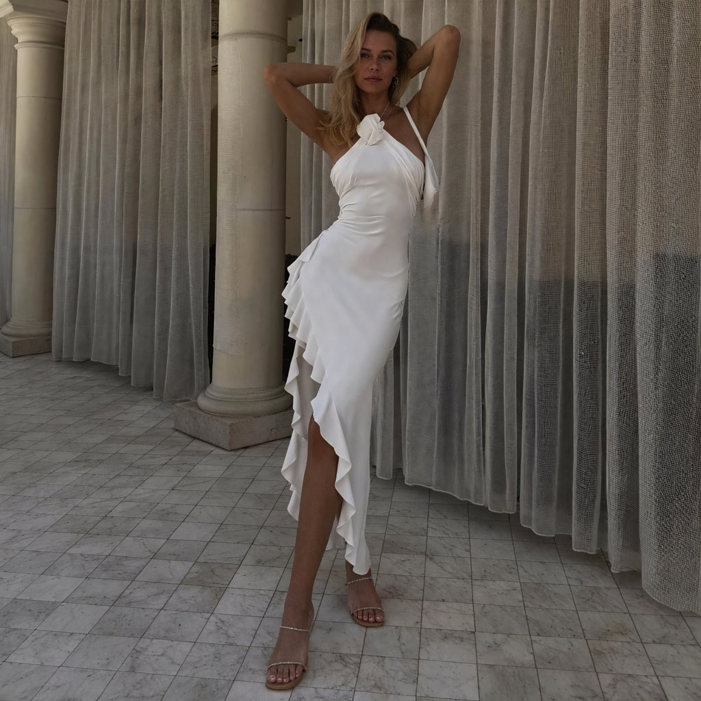 Damen Kleid – Ärmellos, Asymmetrischer Saum, Blumen-Applikation, Fließender Stoff-83646-a57ba27e-c2a4-4a29-9ae8-ba26af829e96