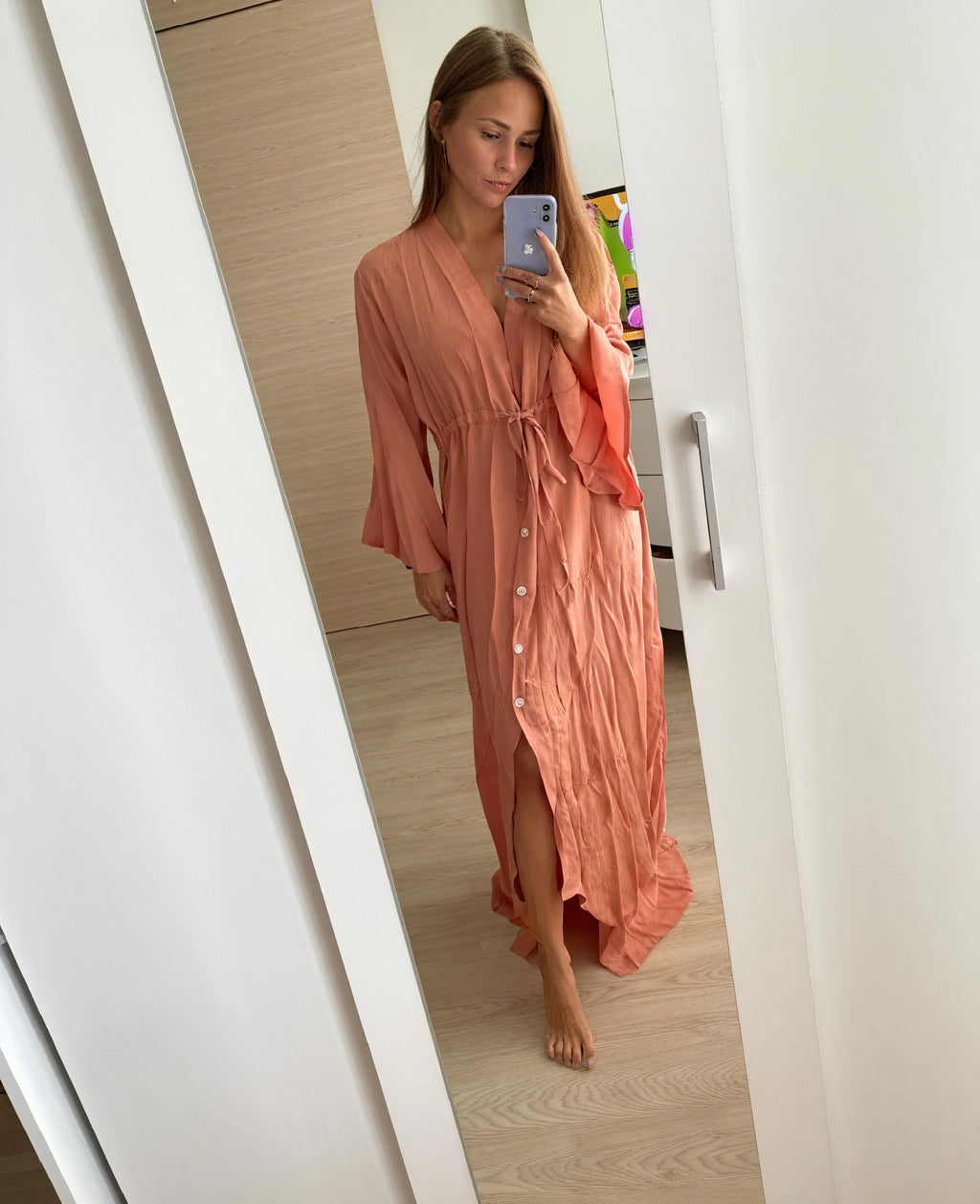 Damen Maxi-Kleid – V-Ausschnitt, Lange Ärmel, Bindegürtel, Fließend-83779-e0e314f6-4368-438c-83e0-2816a03b194a