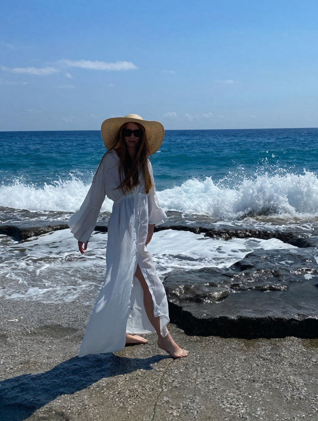 Damen Maxi-Kleid – V-Ausschnitt, Lange Ärmel, Bindegürtel, Fließend-83779-1ac6fbb2-cd3b-4ae4-ac4d-e94d6a2162bd