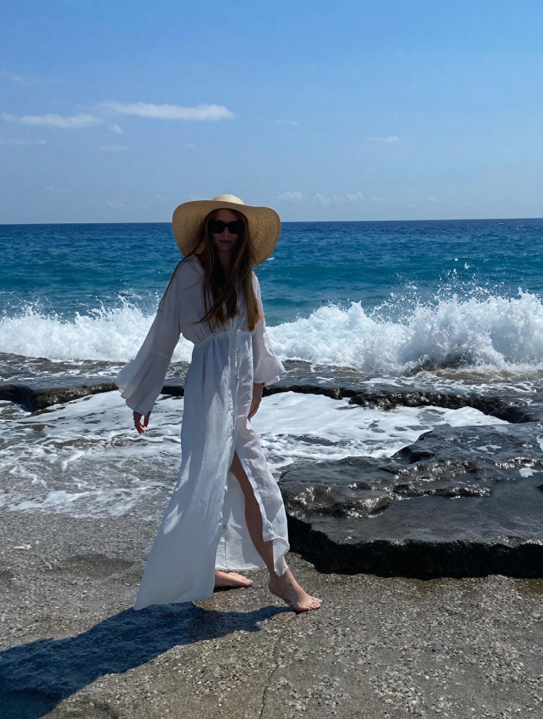 Damen Maxi-Kleid – V-Ausschnitt, Lange Ärmel, Bindegürtel, Fließend-83779-1ac6fbb2-cd3b-4ae4-ac4d-e94d6a2162bd