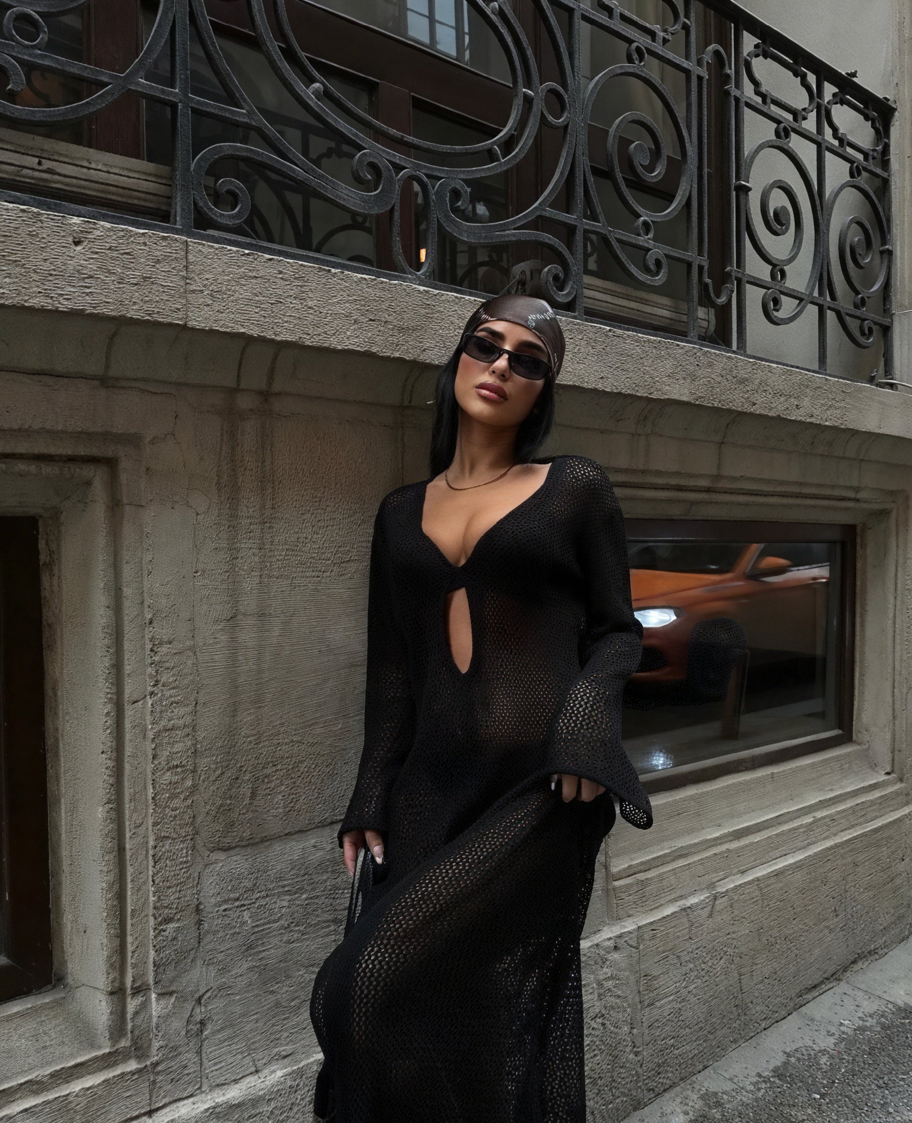 Damen Maxi-Strandkleid – Transparent, Strick, Cutouts, Lange Ärmel-83803-c699fdfa-01b8-463f-b312-9eb6ee7dc234