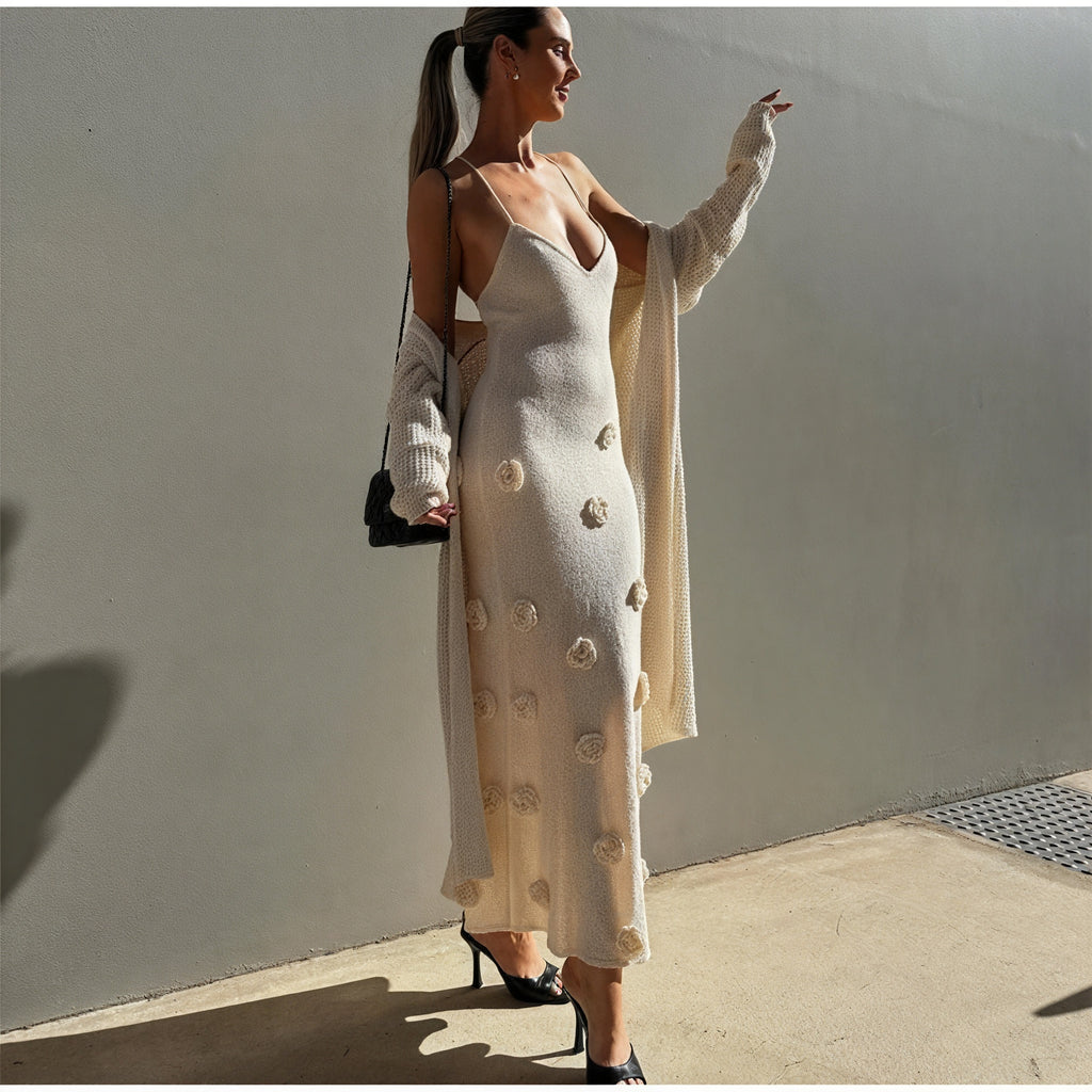 Damen Kleid Weiß Spaghettiträger Blumenapplikationen Elegant für Anlässe-83821-0725867c-f7e5-4328-8f86-de021431e166