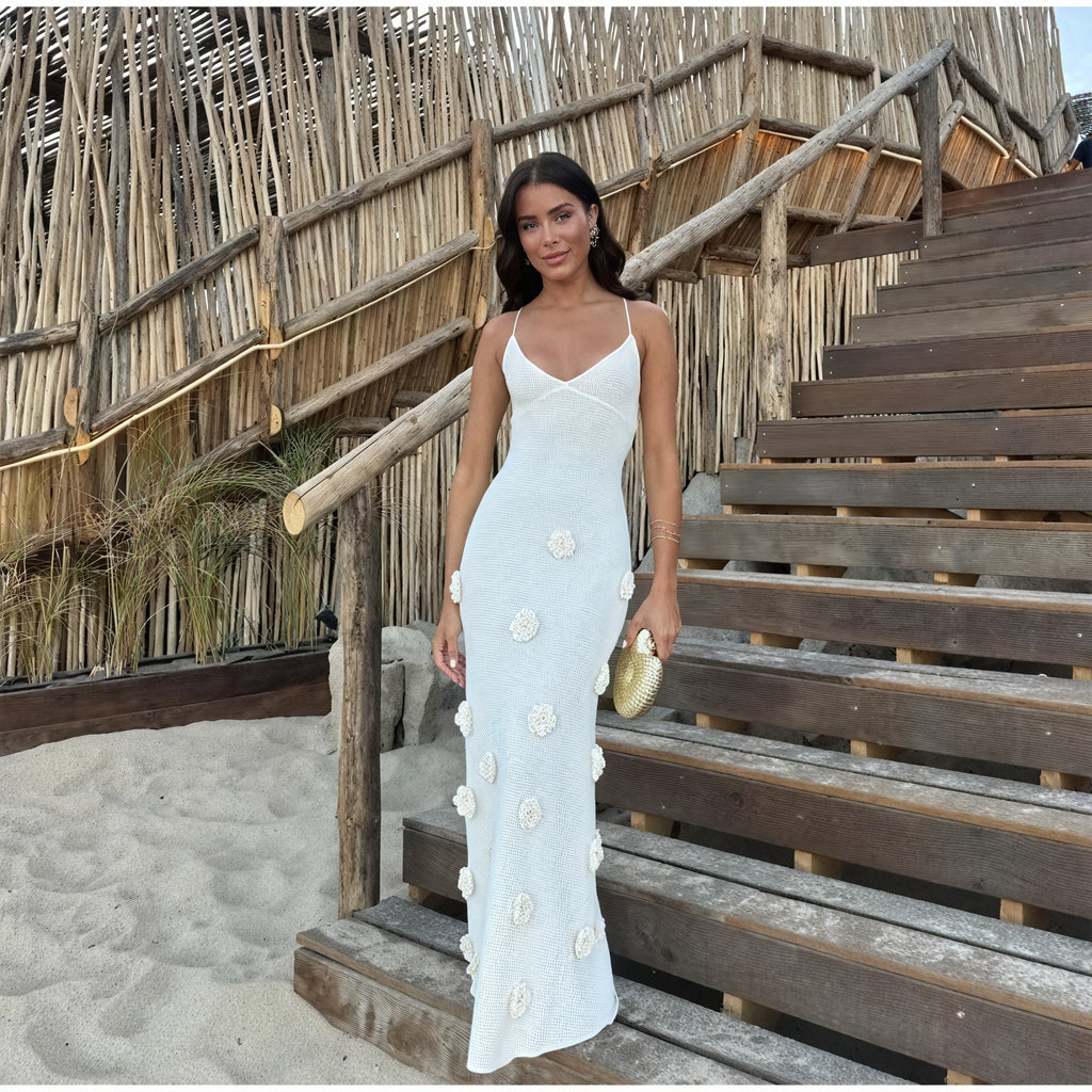 Damen Kleid Weiß Spaghettiträger Blumenapplikationen Elegant für Anlässe-83821-24d7256c-6723-4ac3-9e6c-bec8f15328bd