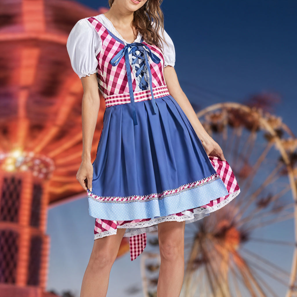 Damen Dirndl – Kariertes Mieder, Puffärmel, Faltenrock, Spitzenbesatz, Traditionell-83938-d46b1fb5-5d84-45cd-a7ee-4ea1a1982ce2