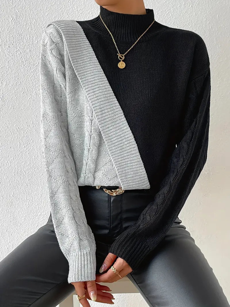 Damen Rollkragenpullover – Farbblock Zopfstrick Design, Warm-54586-b1c5e7a2-7e02-452a-98eb-a706d10e37da