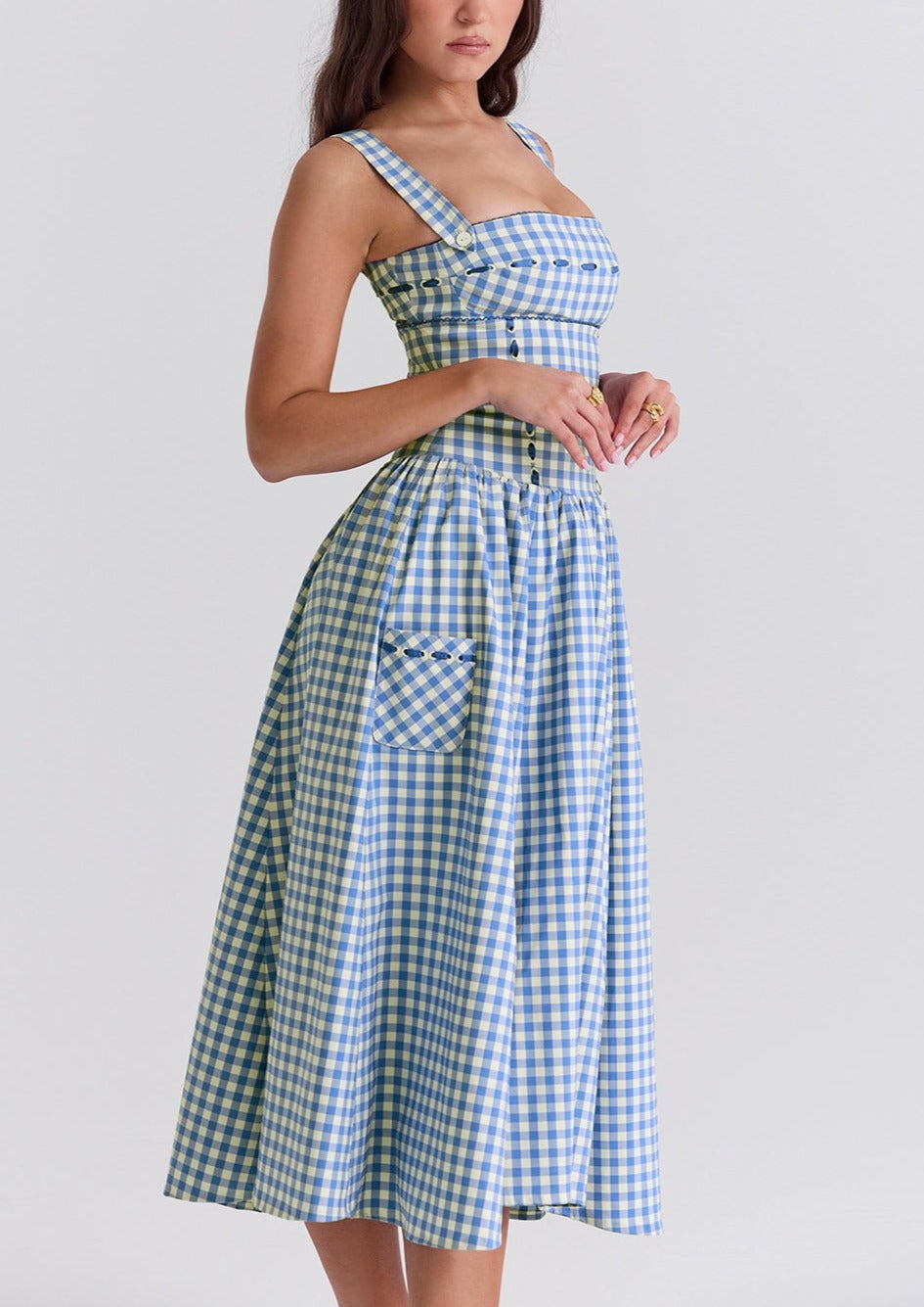 Damen Gingham Kleid – Eckiger Ausschnitt, Knopfdetails, Klassischer Stil-83592-84b37b40-e669-40c7-8ae2-09f941cd3b0e