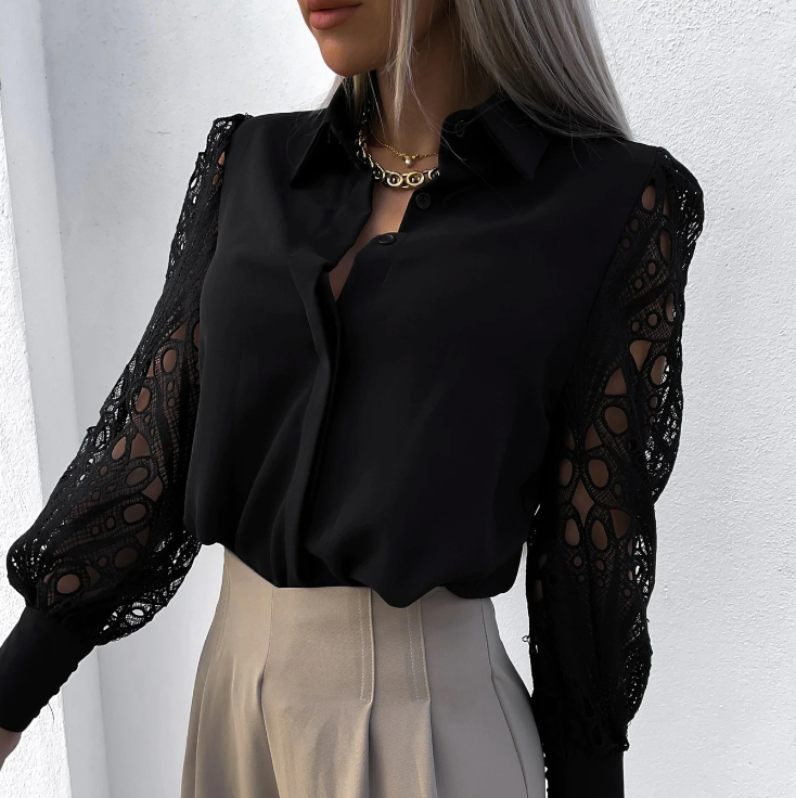 Spitze Bluse mit Kragen & Knopfleiste