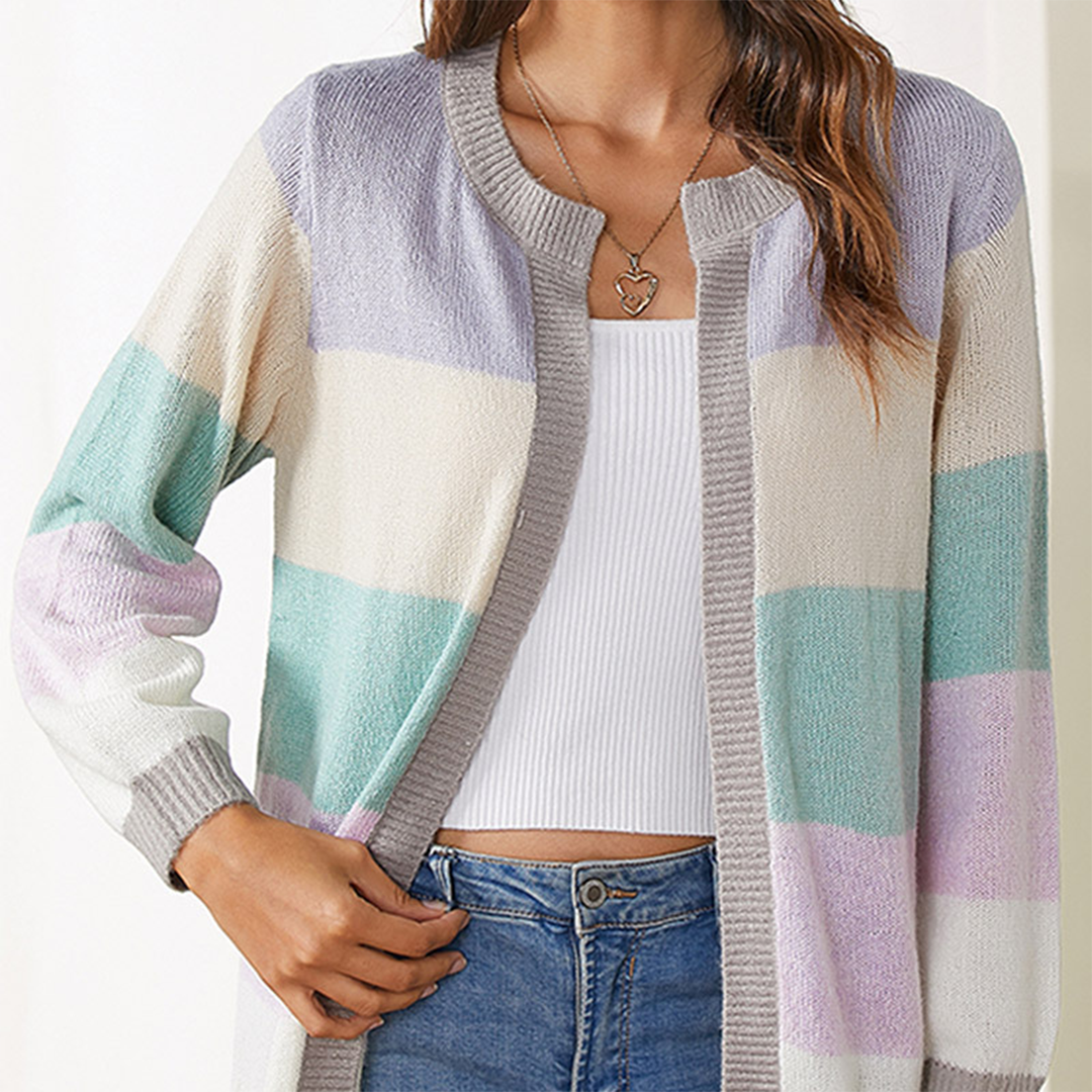 Damen Cardigan – Offen, Gestreiftes Color-Block Design, Langarm-74430-9738c155-0a4d-405d-b4e5-2f7035a5e7c6