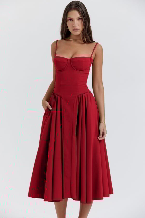 Damen Midi-Kleid mit Spaghettiträgern, plissiertem Rock und Taschen – Elegant-83506-9896ebe8-61c9-4b84-a87a-51efccc804ad