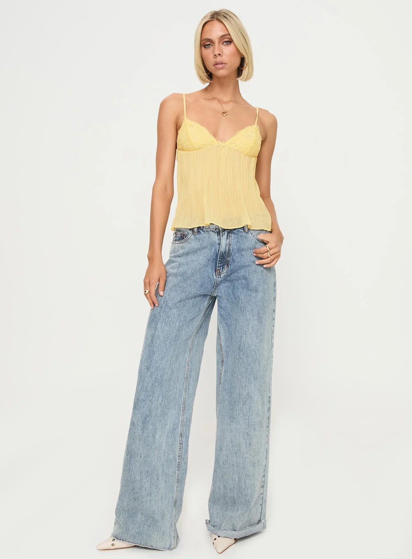 Damen Cami Top – Gelb, Spitze, Plissiert, Elegant-83482-9926e77b-f9f8-4200-887c-733711704199