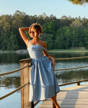 Damen Gingham Kleid – Eckiger Ausschnitt, Knopfdetails, Klassischer Stil-83592-9940cf61-a6d3-46b7-80f1-1f40f9209755