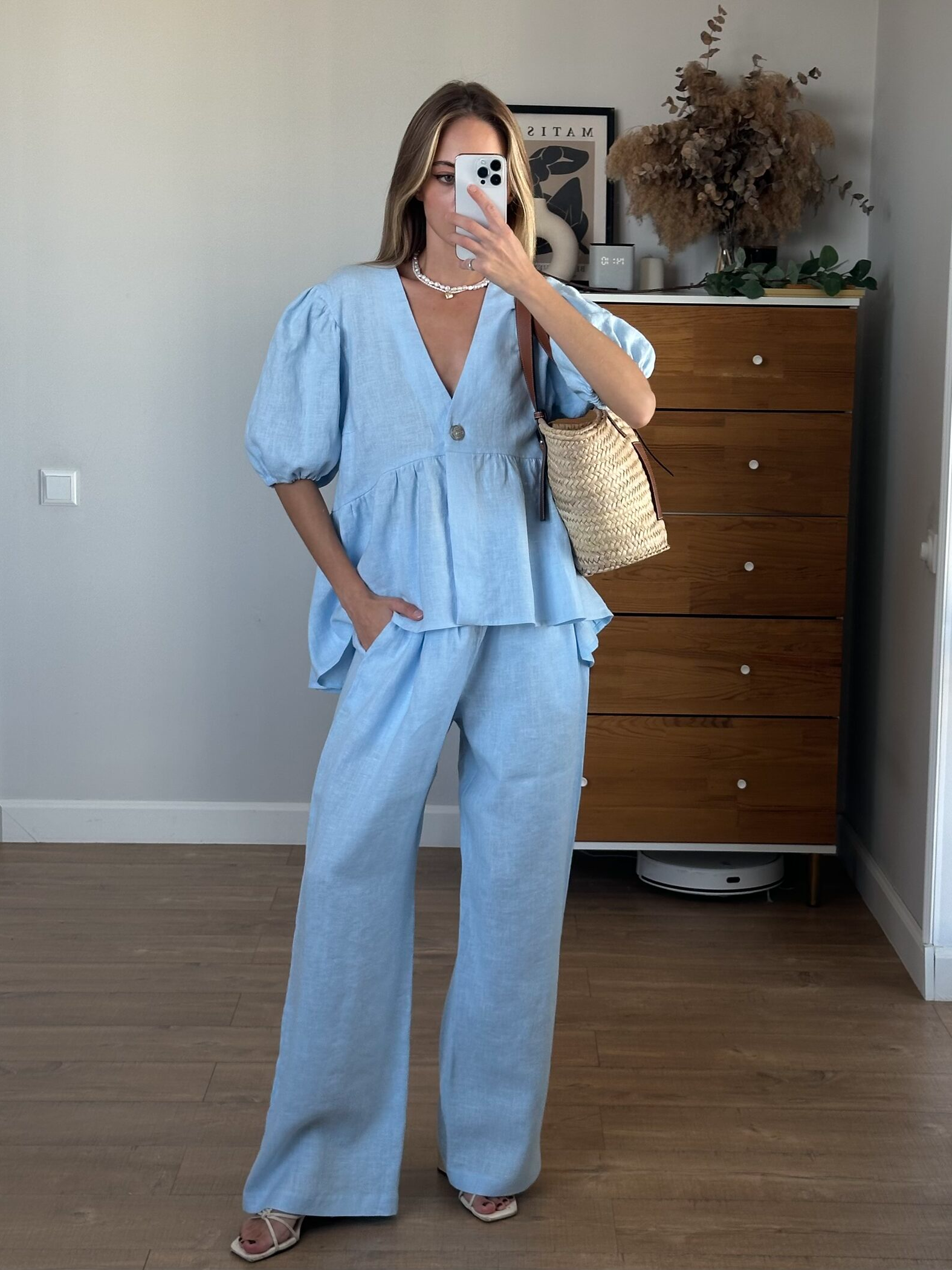 Kleidhaus Damen Leinen Zweiteiler – V-Ausschnitt Top, Puffärmel, Weite Hose-83274-995f1147-86be-4d33-a67f-396f45528208