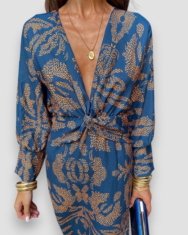 Damen Kleid Langarm V-Ausschnitt Print Knotendetail Elegant-83293-9bbd0c1b-d296-49ad-8b72-dcf895a4ce8e