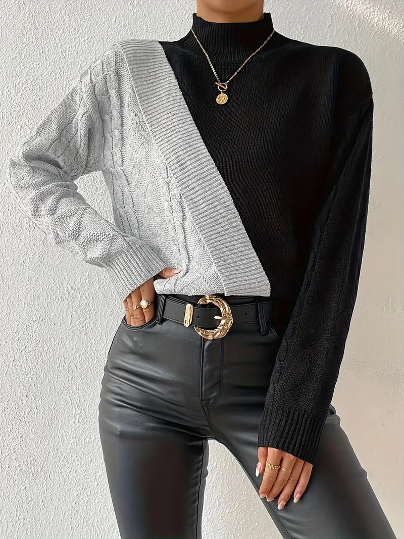 Damen Rollkragenpullover – Farbblock Zopfstrick Design, Warm-54586-1de2af94-c89d-4057-9082-9007e22d5d9f