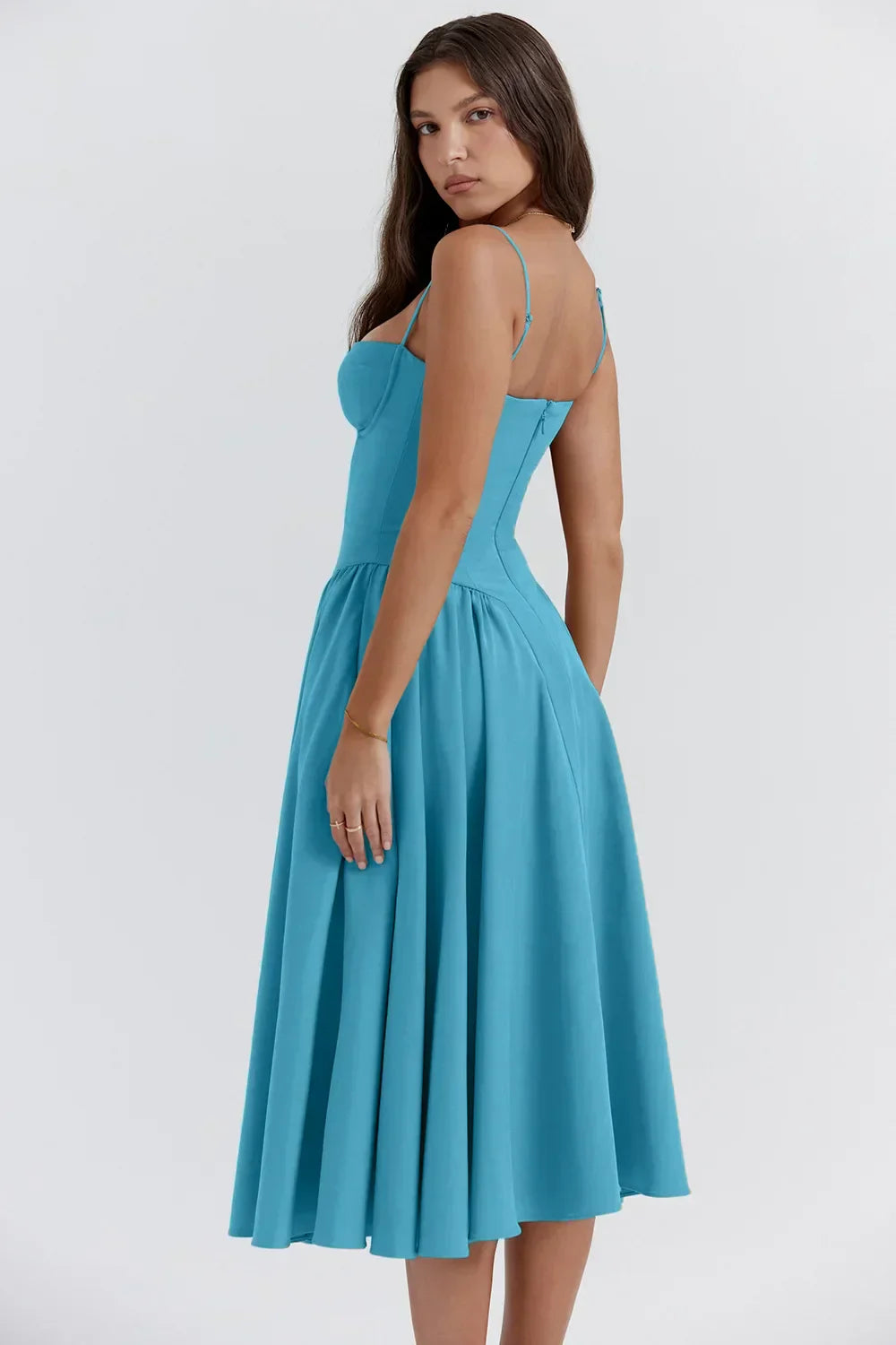 Damen Midi-Kleid mit Spaghettiträgern, plissiertem Rock und Taschen – Elegant-83506-9fcfcca2-3133-4c2d-b2b6-7ef4783de066