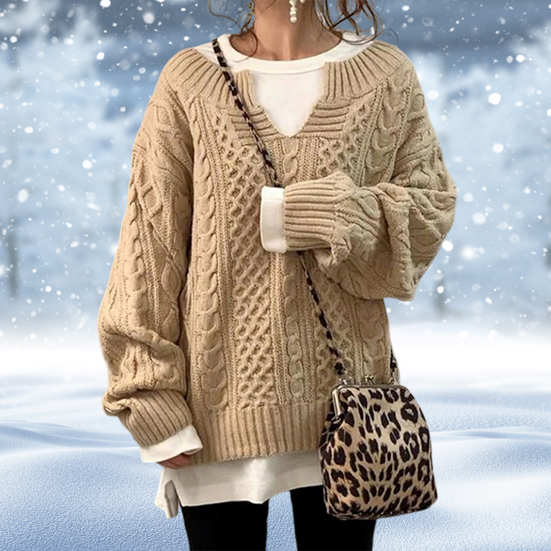 Damen Pullover – Grobstrick Zopfmuster V-Ausschnitt Langarm-53262-efad0271-ea68-485c-995b-a6149e839b07