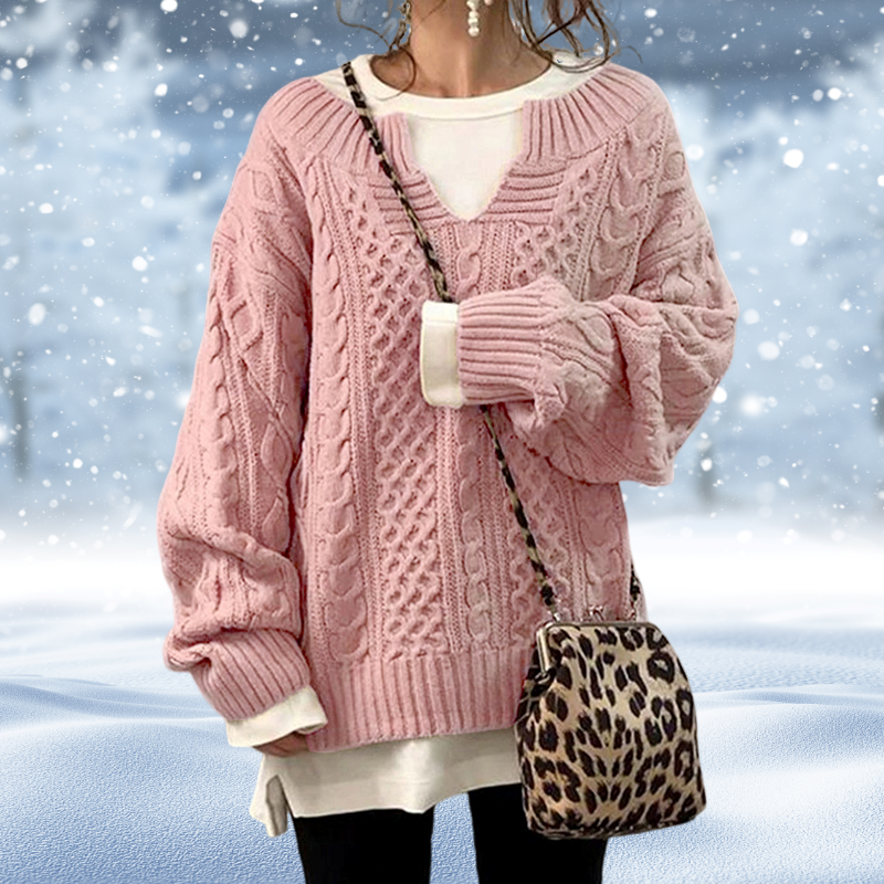 Damen Pullover – Grobstrick Zopfmuster V-Ausschnitt Langarm-53262-498f32b6-086e-479b-9768-31e920504c96