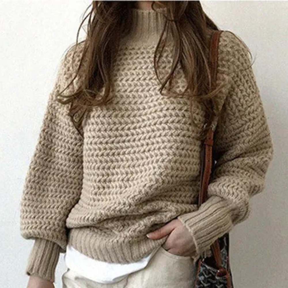 Damen Pullover – Chunky Knit, Hoher Rollkragen, Oversized Ärmel, Off-White, Acryl-Baumwolle-54883-58562561605962