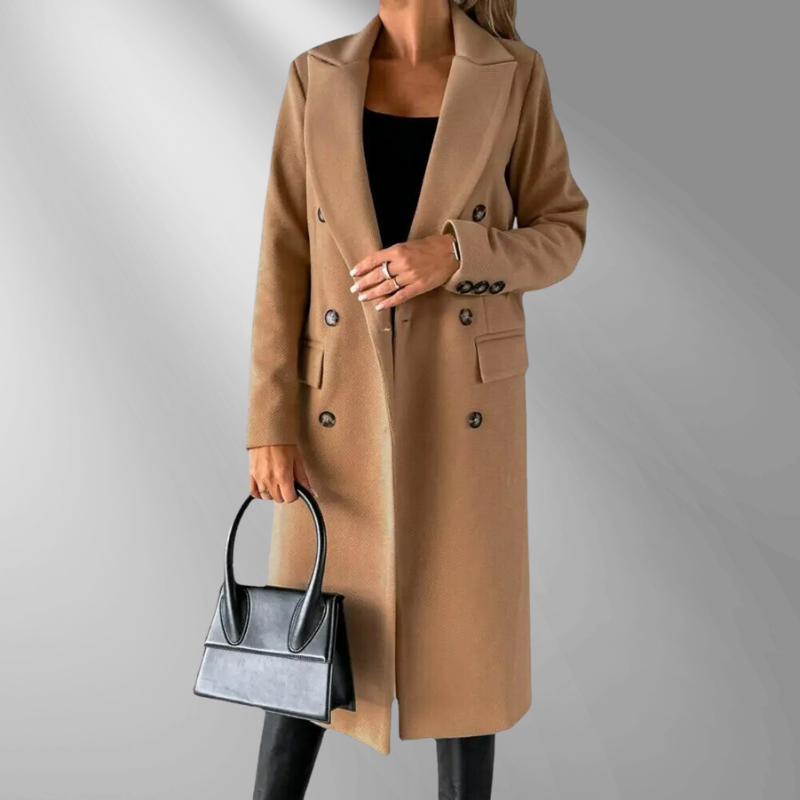 Damen Mantel – Doppelreiher, Tailliert, Wollmix, Goldknöpfe, Knielang, Eleganter Stil-55035-59519544525143