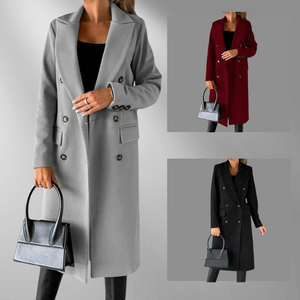 Damen Mantel – Doppelreiher, Tailliert, Wollmix, Goldknöpfe, Knielang, Eleganter Stil-55035-59519544590679