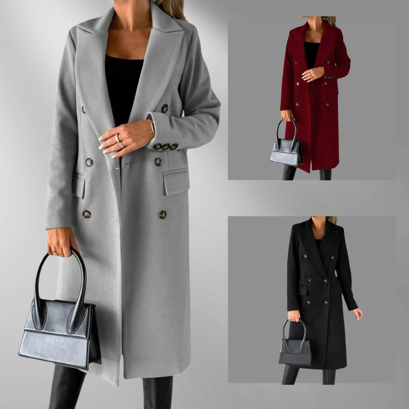 Damen Mantel – Doppelreiher, Tailliert, Wollmix, Goldknöpfe, Knielang, Eleganter Stil-55035-59519544590679