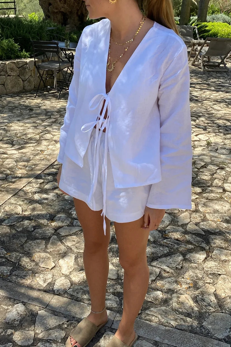 Damen Leinen Zweiteiler – Langarm Top mit Bindedetail & Shorts mit Gummibund, Relaxed Fit-83296-a10f04bf-769e-4a13-b329-81119069d0ce