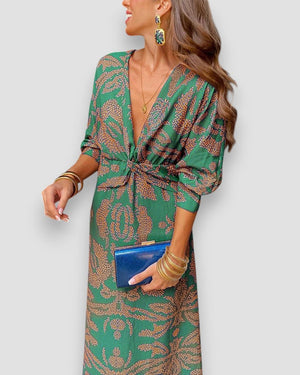 Damen Kleid Langarm V-Ausschnitt Print Knotendetail Elegant-83293-a2701805-72c5-4d96-9e9b-4110b8b78855