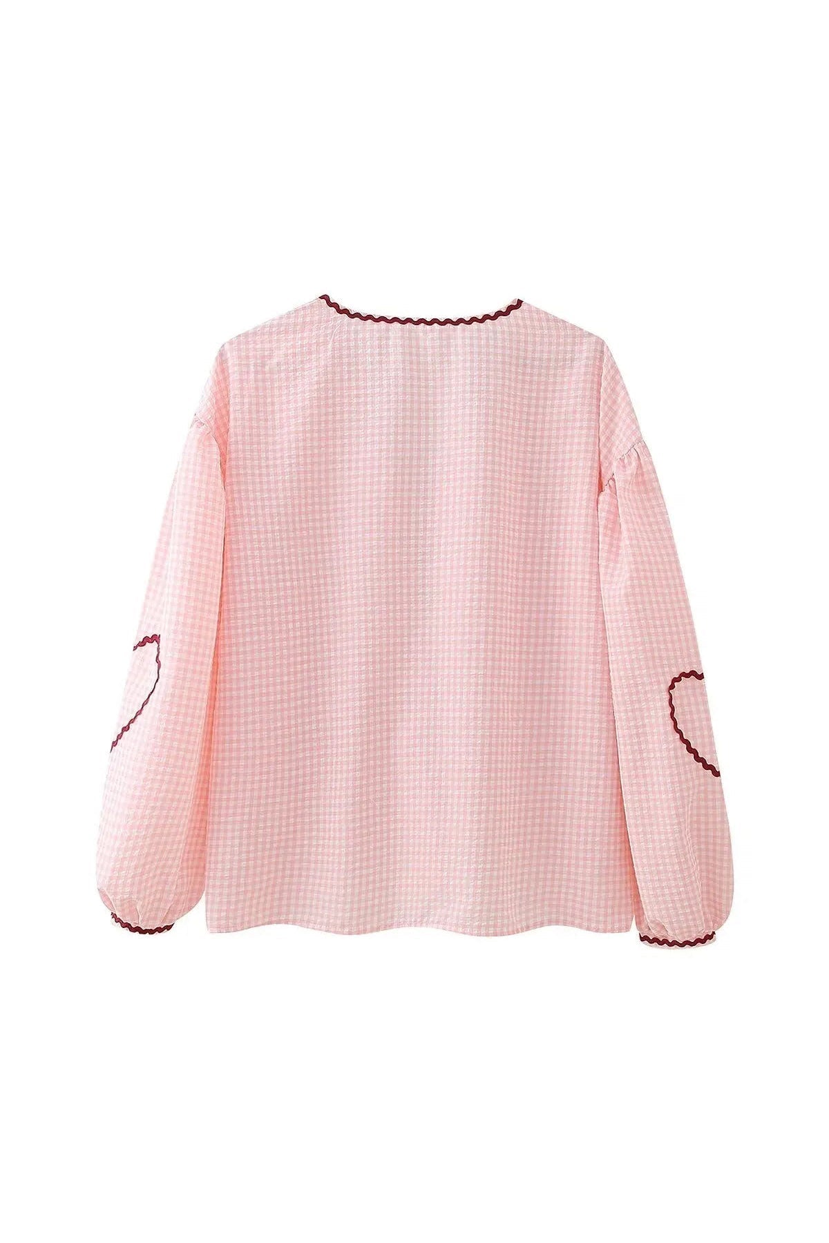 Damen Bluse – Gingham, Herz-Taschen, Bindedetail, Roter Saum, Langarm-83307-a38bebf3-5b55-422e-9034-81a13e253715