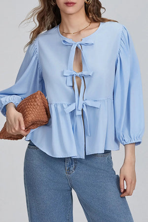 Kleidhaus Damen Bluse mit Schleifendetail, Schößchensaum & Dreiviertelärmeln – Verschiedene Farben-83302-ab154e8d-4ed3-41ca-9a45-f88c71022531