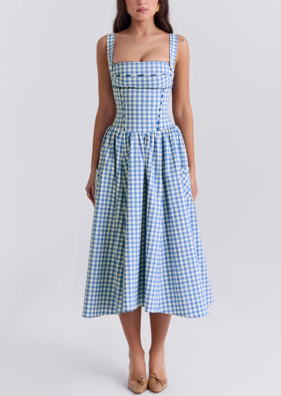 Damen Gingham Kleid – Eckiger Ausschnitt, Knopfdetails, Klassischer Stil-83592-ab2e9f93-3668-4e03-970a-c69268dabf41