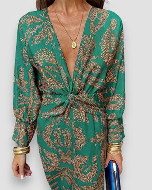 Damen Kleid Langarm V-Ausschnitt Print Knotendetail Elegant-83293-b01ba749-82c4-4798-901e-ca2efd451512