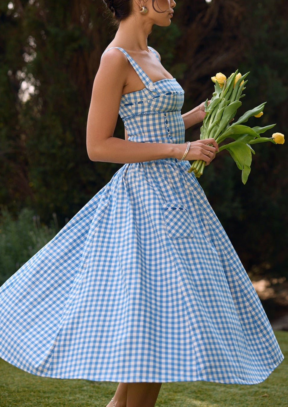 Damen Gingham Kleid – Eckiger Ausschnitt, Knopfdetails, Klassischer Stil-83592-b0cb1e5c-fde3-471e-ba62-0c88023ac2e9
