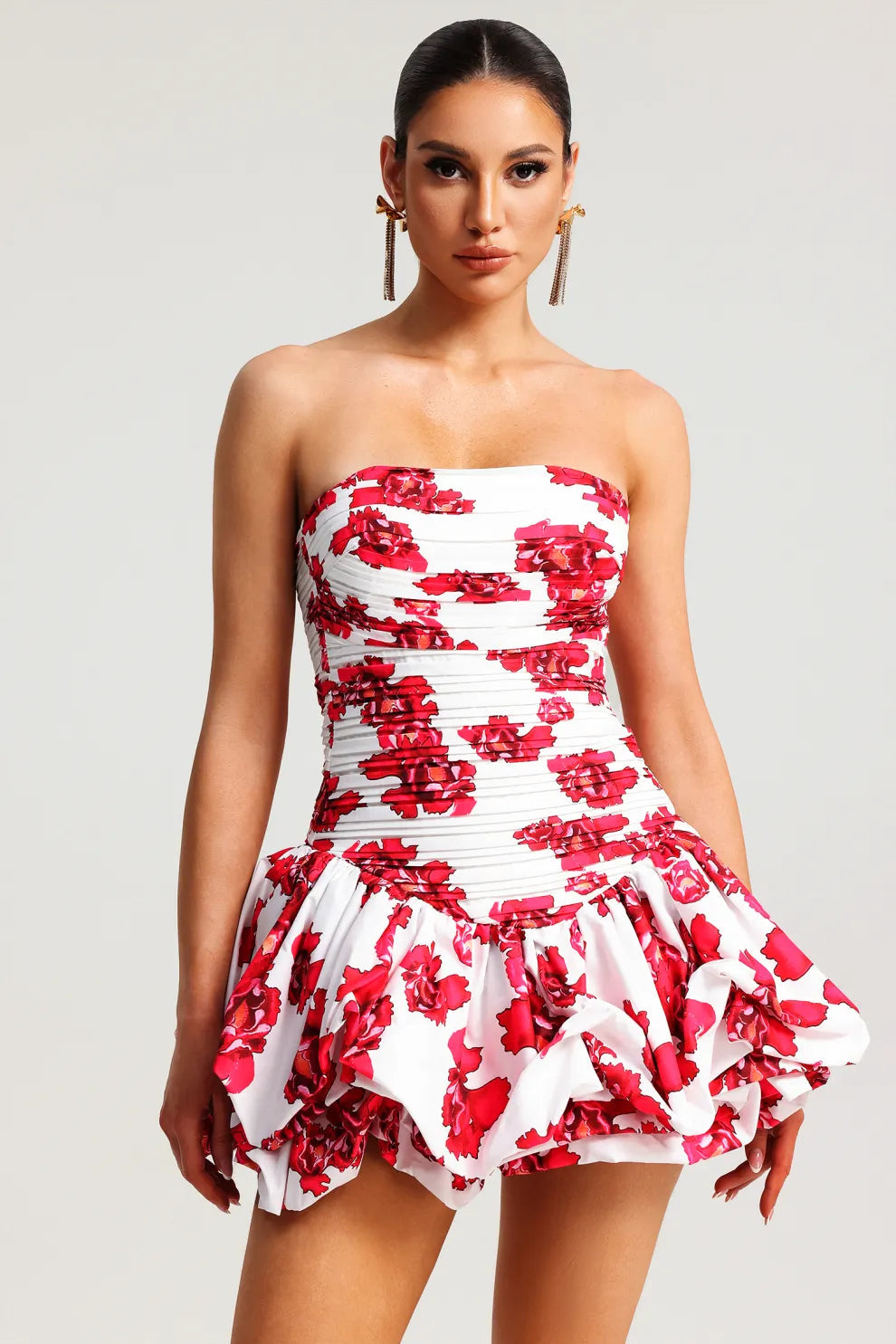 Damen Trägerloses Kleid – Blumenmuster, Strukturiertes Oberteil, Volantrock-83685-b1aee80b-a632-486d-854e-b78ef0a62cf9