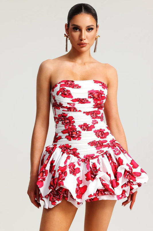 Damen Trägerloses Kleid – Blumenmuster, Strukturiertes Oberteil, Volantrock-83685-b1aee80b-a632-486d-854e-b78ef0a62cf9