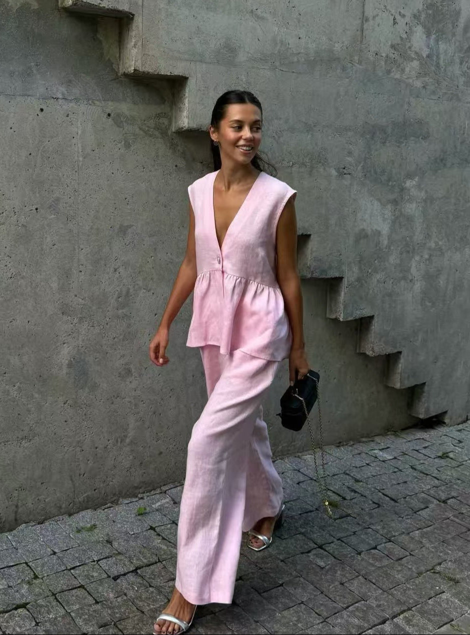 Kleidhaus Damen Leinen Zweiteiler – Atmungsaktives Ärmelloses Top & Weite Hose mit V-Ausschnitt-83272-b1eeada0-3c57-45d9-a700-d5eb9a76aeed