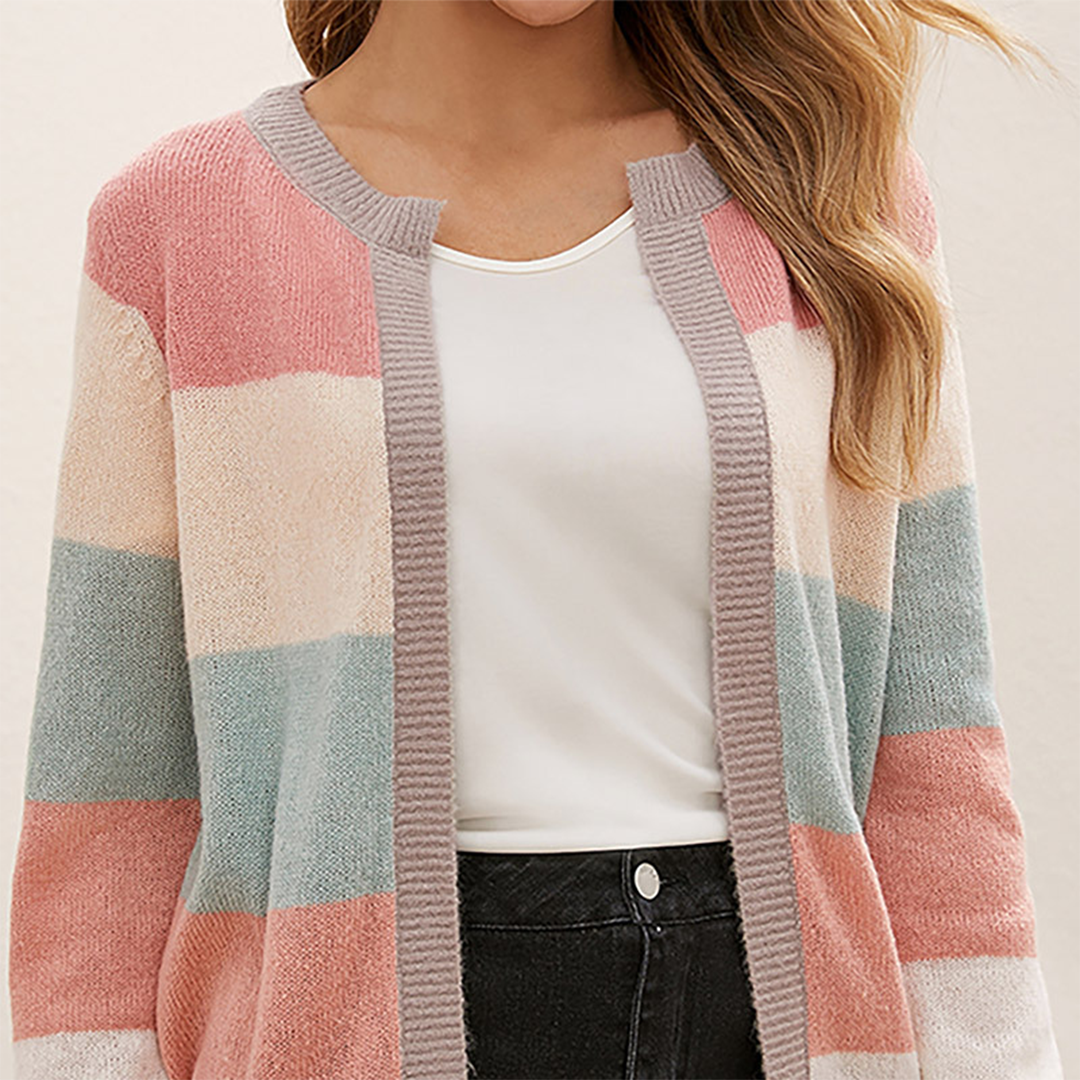 Damen Cardigan – Offen, Gestreiftes Color-Block Design, Langarm-74430-b7d7e3fb-8756-4304-aa65-510c351829d7
